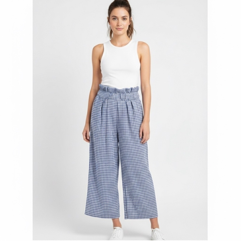 NEW Anthropologie Joie Gingham Wide-Leg Pants Blue XSMALL XS